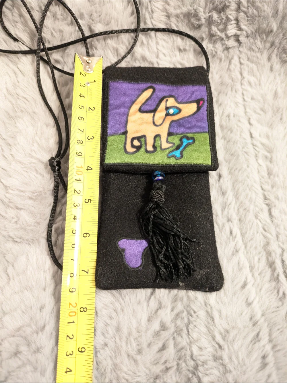 Handmade Black Phone Case Pouch with Purple & Green Dog Design